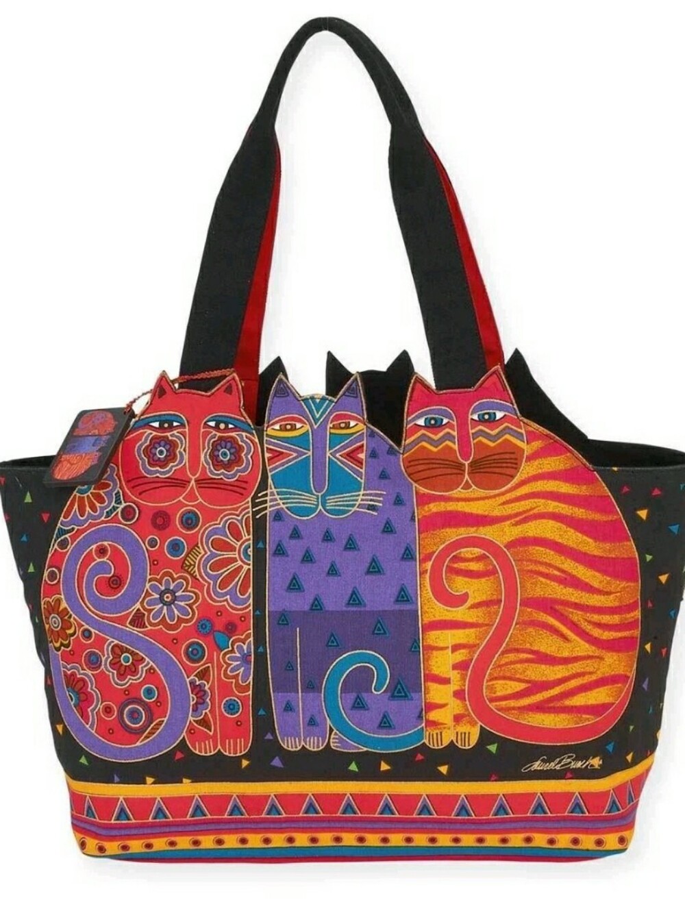 Laurel Burch Feline Friends Cats Large Cutout Shoulder Purse Black Tote Handbag